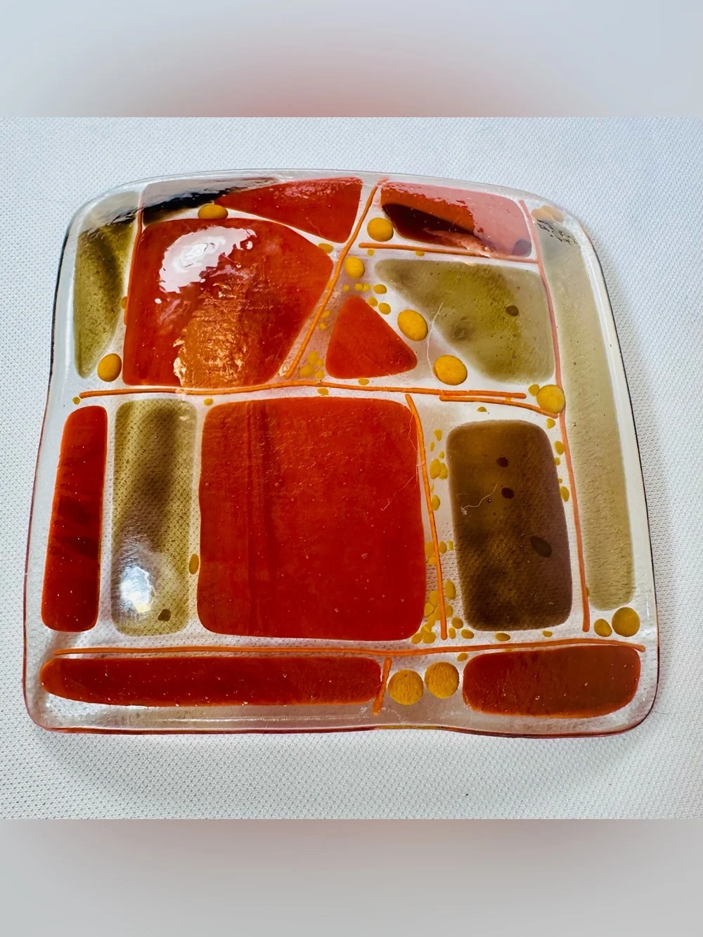 Beautiful Handmade Fused Glass Tray With Wire Wrapped Knife Spreader Fall Colors